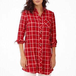 J.JILL DOUBLE GAUZY COTTON RED PLAID LONG BUTTON FRONT TUNIC POCKETS SIZE LARGE